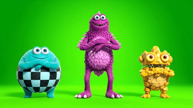 Three Colorful Animated Monsters Dancing on Green Screen