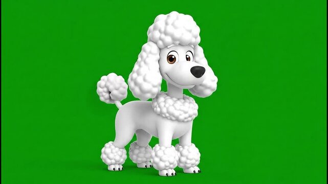 Playful 3D white poodle character with fluffy fur and a friendly smile, standing on a green screen, ready for animation and children's media projects