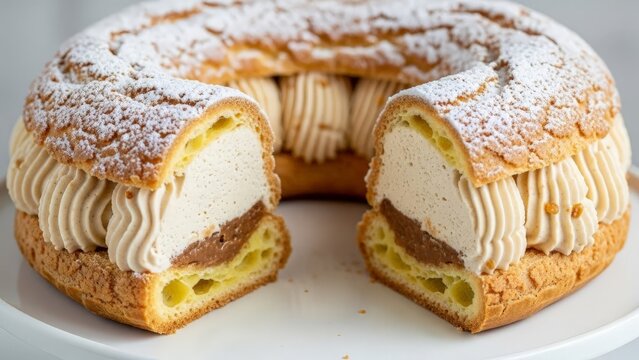 Paris Brest Pastry Slice Showing Cream Filling and Crispy Choux Ring Dusted with Powdered Sugar