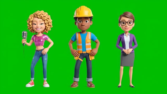 Three diverse animated characters in different professions standing against a green screen background