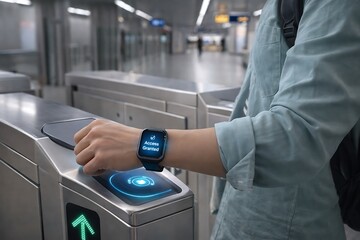 Commuter Using Smartwatch for Contactless Access at Subway Station Turnstile with Access Granted Notification