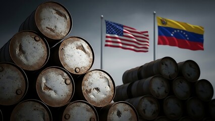 Oil barrels stacked, with the flags of United States and Venezuela in the background, symbolizing industry and international relations.