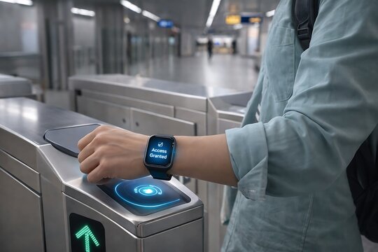 Commuter Using Smartwatch for Contactless Access at Subway Station Turnstile with Access Granted Notification - Powered by Adobe