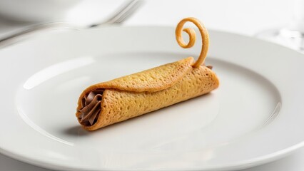 Rolled Chocolate Pastry with Spiral Garnish on White Plate