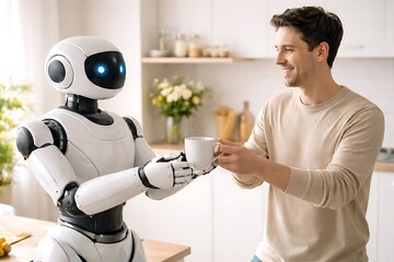 Humanoid Service Robot Handing Cup of Coffee to Smiling Man in Modern Home Kitchen