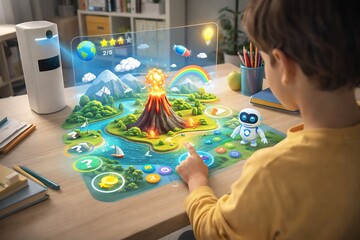 Child Interacting with Interactive Holographic Educational Game Showing Volcano and Robot Assistant