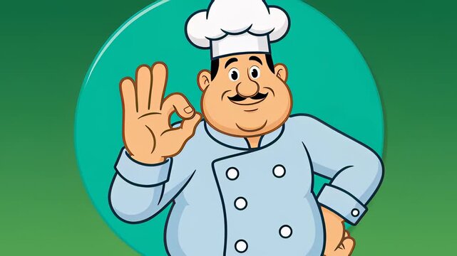 Cheerful cartoon chef character making a perfect hand gesture inside a green circle, illustrating culinary approval and delicious food concepts in 2D animation style