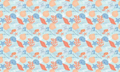 Obraz premium Seamless Hand-Drawn Pastel Underwater Pattern with Seashells and Coral