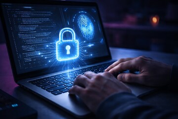 User Typing on Laptop with Glowing Digital Padlock and Fingerprint Scan for Cybersecurity Protection