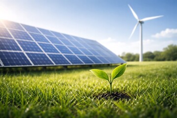 Small Green Sprout Growing in Field with Solar Panels and Wind Turbine for Clean Energy Concept