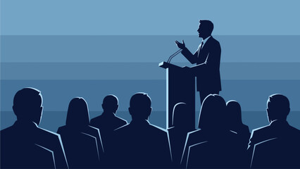 Silhouette of a confident businessman speaking at a podium to an attentive audience representing public speaking leadership and business presentation success national hat day