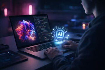Software Developer Working on AI Programming with Neural Network Visualizations on Laptop Screen