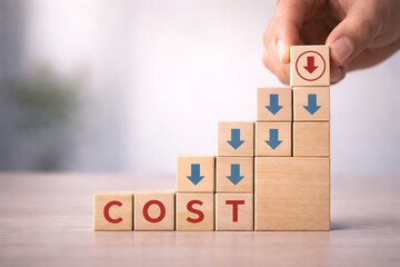Hand placing wooden blocks showing cost reduction concept with downward blue arrows and a red arrow on top.