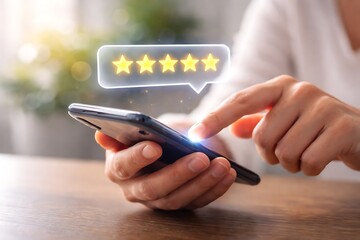 Customer providing a five star rating feedback on a smartphone for service quality evaluation and customer satisfaction.