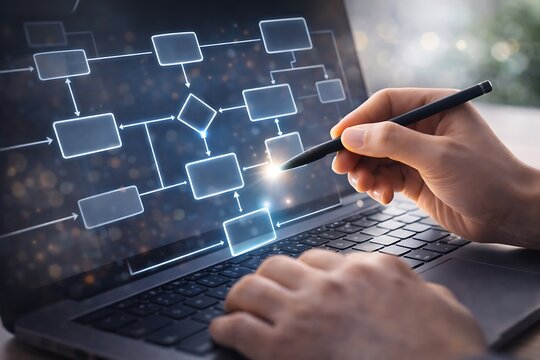 Professional drawing a digital business process flowchart on a laptop screen with a stylus for organizational planning. - Powered by Adobe