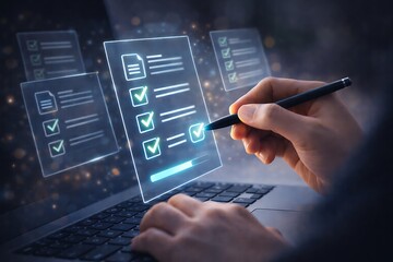 Person completing digital forms and checklists on a laptop screen with a stylus for business quality control and task management.