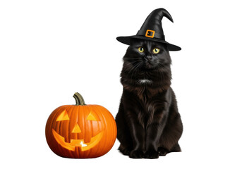 majestic, alert black cat with fluffy black fur and luminous yellow eyes, wearing a black witch hat beside a glowing carved orange jack-o'-lantern on dark wood, charming and sophisticated halloween
