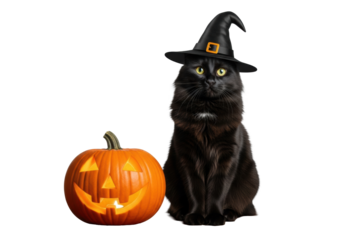 majestic, alert black cat with fluffy black fur and luminous yellow eyes, wearing a black witch hat beside a glowing carved orange jack-o'-lantern on dark wood, charming and sophisticated halloween