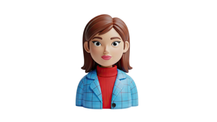 3D Stylized Woman with Brown Hair and Blue Plaid Jacket