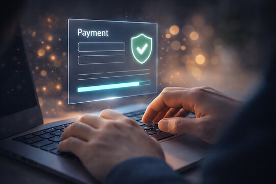 Secure online payment processing concept with a person typing on a laptop showing a digital shield and progress bar. - Powered by Adobe