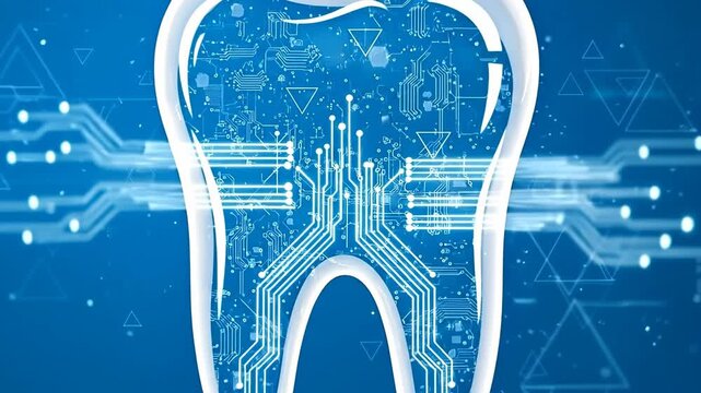 Futuristic digital tooth design with technology elements.