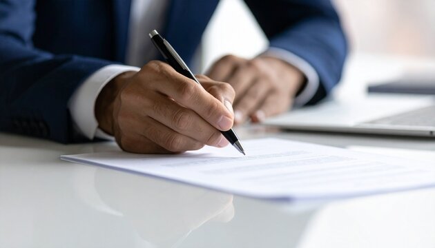 Focused shot of a person signing a document with a pen, capturing the moment of legal agreement or paperwork process