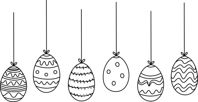 set of sketch drawn easter eggs hanging on ribbon band isolated on white or transparent png