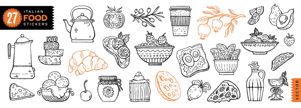 Food for brunch or breakfast. Italian doodle food. Coffee brunch icons. Hand drawn line illustration. Cafe for breakfast with wine, drink, pizza, dessert, bread. Vintage sketch picnic menu vector bg