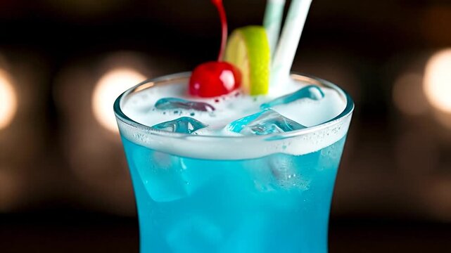 Blue Cocktail of Refreshment: A close-up showcases a vibrant blue cocktail, brimming with ice cubes, and garnished with a cherry, lime slice, and a couple of straws.