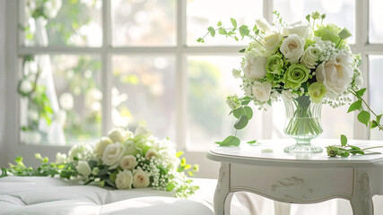 ペールグリーンとホワイトのばらのフラワーアレンジメント