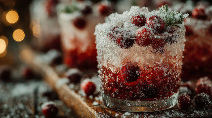 Frozen berry dessert garnished with sugar and berries, festive and seasonal presentation.