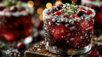 A glass of berry dessert garnished with powdered sugar and green herbs.