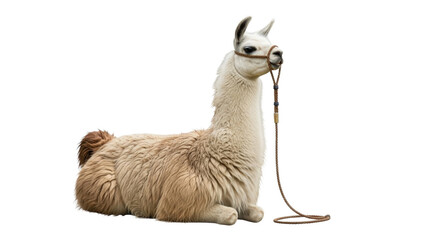 Obraz premium Llama sitting on transparent background with rope halter and lead rope