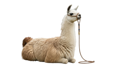 Llama sitting on transparent background with rope halter and lead rope