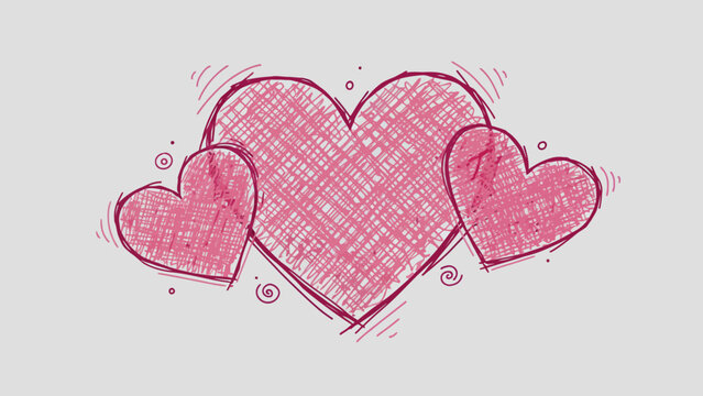 Hand Drawn Sketchy Pink Hearts Set with Cross Hatch Texture for Romantic Artistic Designs