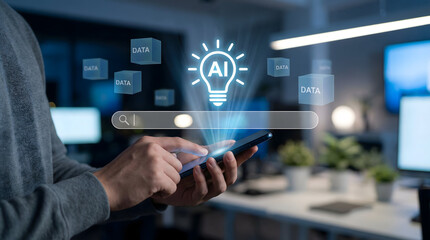 Artificial Intelligence Search Concept with AI Lightbulb Icon and Floating Data Blocks on Smartphone