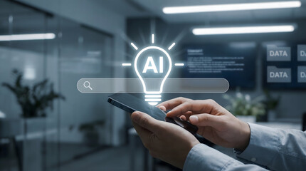 Close up of Person Using Smartphone with AI Search Interface and Data Management Concept