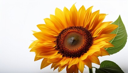 Obraz premium Close Up Of A Vibrant Sunflower With Green Leaves Isolated On A White Background Radiant Floral Beauty Representing Joy Warmth And Natural Growth
