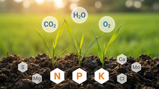 Advanced Crop Science Infographic with NPK Fertilizer Symbols and Atmospheric Elements