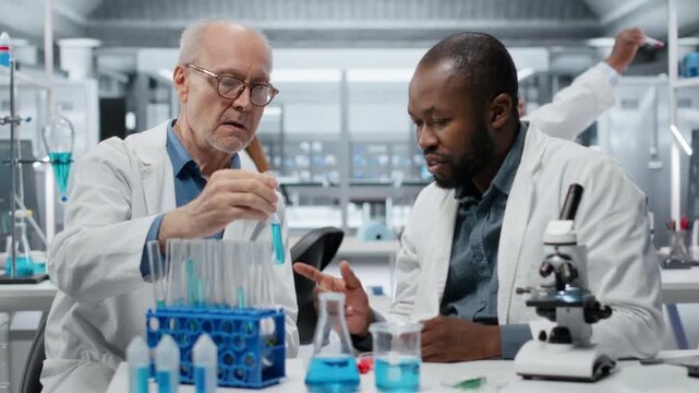 Teamworking molecular biologists in lab evaluate blue compound solution for new drug formulation. Laboratory coworkers testing experimental medication properties in vial, camera B