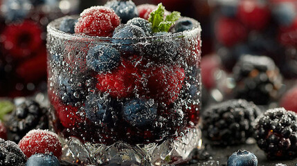 Fresh mixed berries in a glass with sugar and mint garnish.