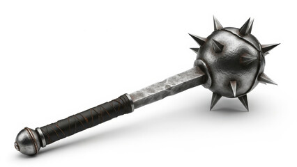 Medieval metal mace with spiked ball on long handle isolated on white background