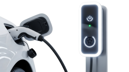 Electric car charging at a sleek modern charging station isolated on transparent background