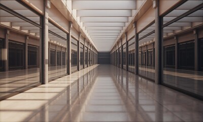 Modern office corridor with glass partitions and sleek flooring.