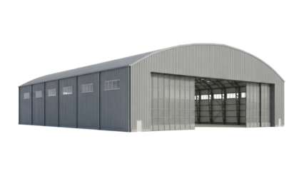 Large metal warehouse with arched roof and open doors isolated on transparent background