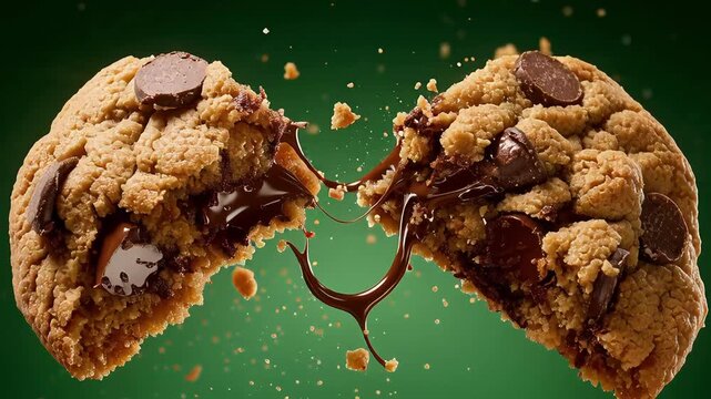 Exploding chocolate chip cookie with molten core on green. Freshly baked dessert splitting apart, gooey chocolate oozing out, crumbs flying, sweet indulgence