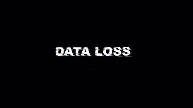 Data Loss Error Message on Black Screen with Glitch Effect Representing Missing Information, System Failure, Cyber Risk, and Digital Technology Problem Concept