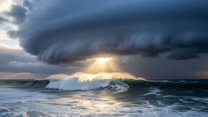 Dramatic sunbeams pierce through a dark, turbulent storm cloud over a powerful ocean wave.
