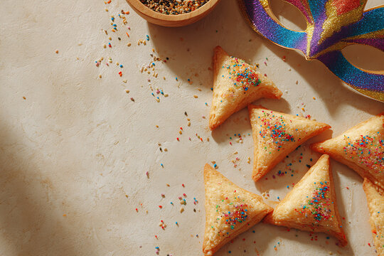 purim celebration, purim flat lay with hamantaschen cookies, grogger noisemaker, and carnival mask on a neutral background, with ample copy space