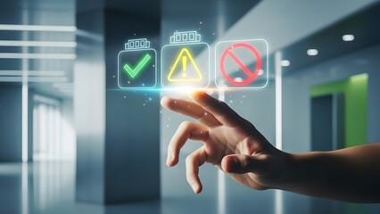 Hand interacts with holographic decision icons check, warning, stop. Concept for digital choices, risk assessment in modern business and technology